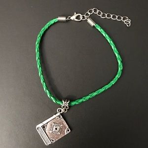 Green Braided Leather Book Charm Bracelet